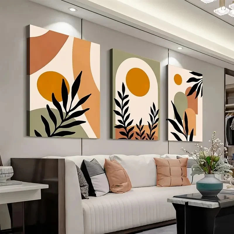 3pcs Plant Sun Geometry Neutral Wall Art Set Canvas Framed 60x90cm - High Quality Print 100% Australian Made Wall Canvas Ready to Hang