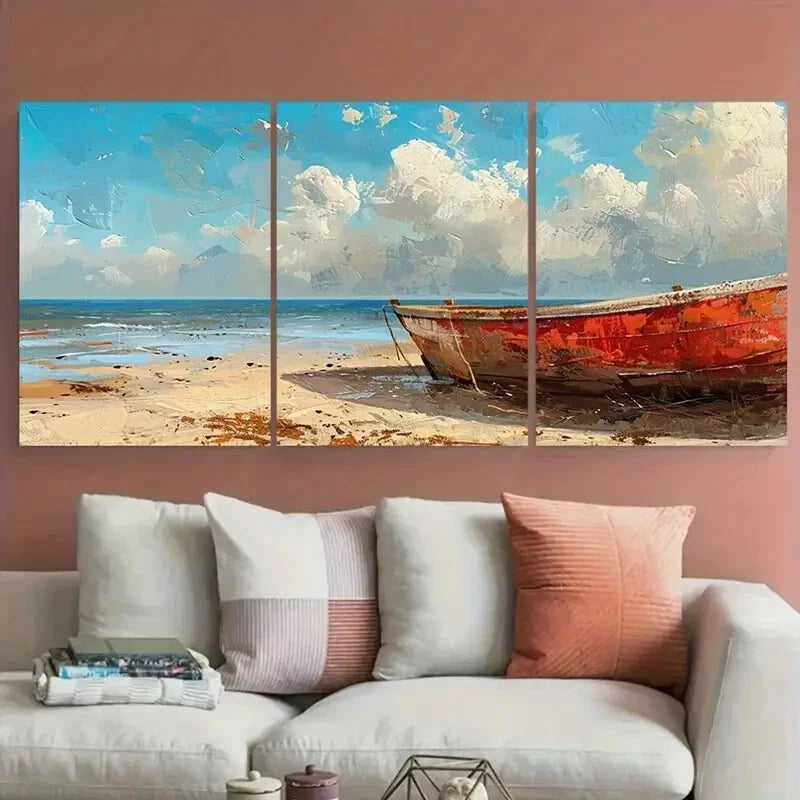 3pcs Coastal Scenery with Red Boat & Cloudy Sky Metal Print Ready to Hang Art - Bella Home Decor