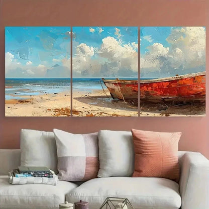 3pcs Coastal Scenery with Red Boat & Cloudy Sky Metal Print Ready to Hang Art - Bella Home Decor