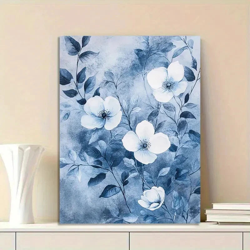 Watercolor Painting of Blue And White Flowers Leaves 40x60cm Metal Print Ready to Hang