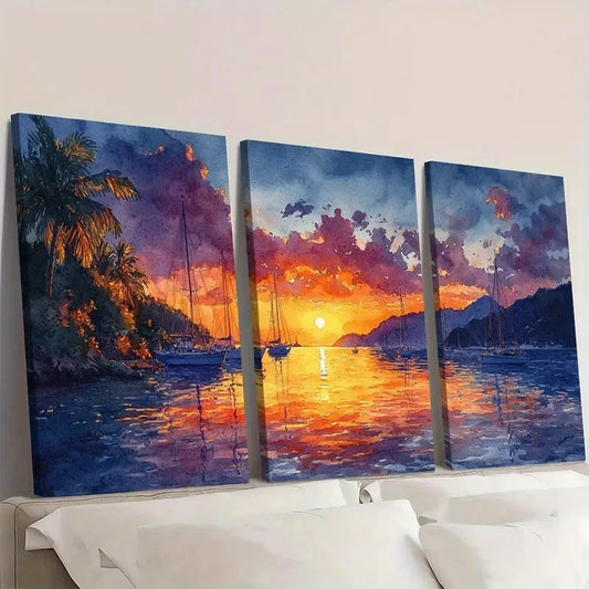 3pcs Caribbean Seascape in Orange Purple RP Wall Art Set Canvas Framed 60x90cm - High Quality Print 100% Australian Made Wall Canvas Ready to Hang