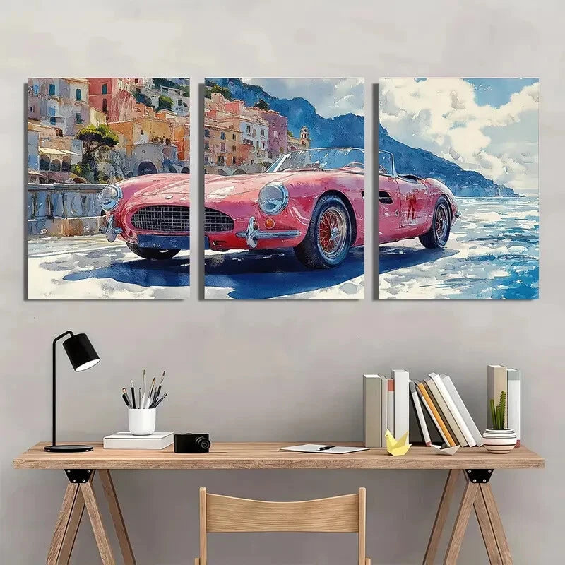 3pcs Retro Pink Italian Car on Coastal Road Wall Art Set Canvas Framed 50x70cm - High Quality Print 100% Australian Made Wall Canvas Ready to Hang