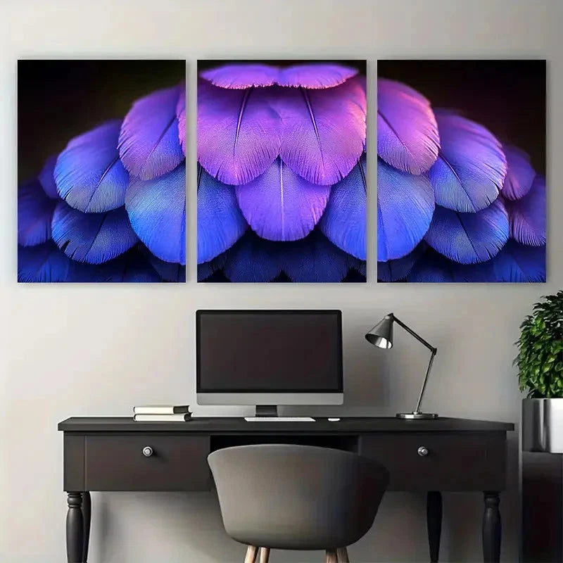 3pcs Elegant Purple Hen Feather Macro Photograph Wall Art Set Canvas Framed 40x60cm - High Quality Print 100% Australian Made Wall Canvas Ready to Hang - Bella Home Decor