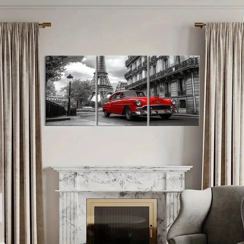 3pcs Eiffel Tower Red Car Paris Street Metal Print Ready to Hang Art - Bella Home Decor