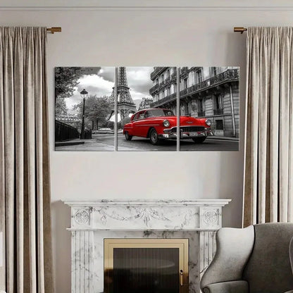 3pcs Eiffel Tower Red Car Paris Street Metal Print Ready to Hang Art - Bella Home Decor