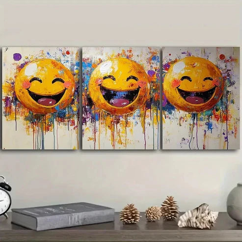 3pcs happy yellow joyful faces Wall Art Set Canvas Unframed - High Quality Print 100% Australian Made Wall Canvas - Bella Home Decor