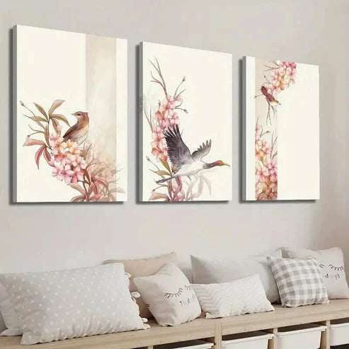 3pcs Bird and Botanical Flower Illustration Wall Art Set Canvas Unframed - High Quality Print 100% Australian Made Wall Canvas