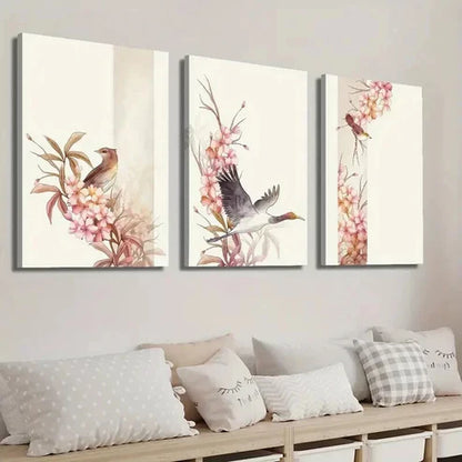 3pcs Bird and Botanical Flower Illustration Wall Art Set Canvas Unframed - High Quality Print 100% Australian Made Wall Canvas