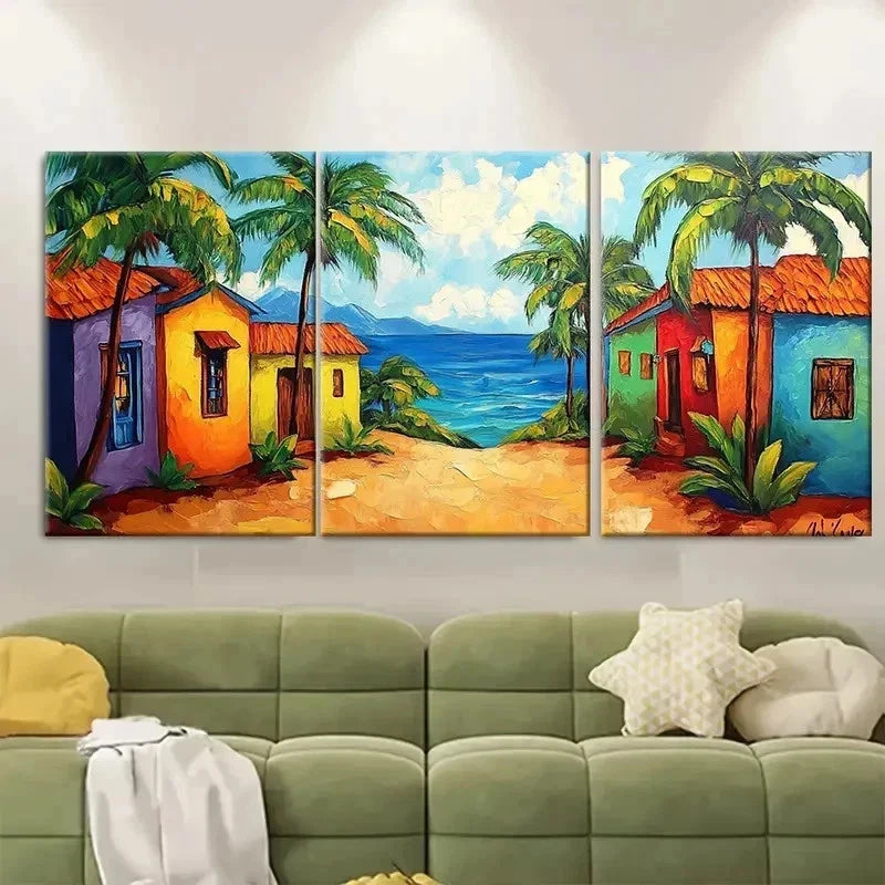 3pcs Large Mexican House Tropica FY Wall Art Set Canvas Framed 60x90cm - High Quality Print 100% Australian Made Wall Canvas Ready to Hang - Bella Home Decor