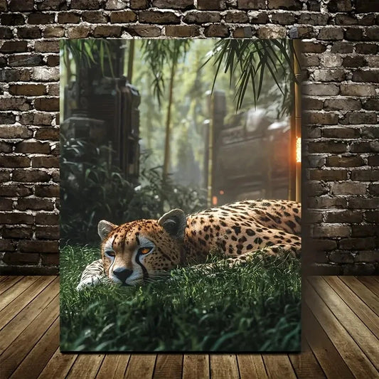 Steampunk Cheetah in Bamboo Grove Painting 40x60cm Metal Print Ready to Hang - Bella Home Decor