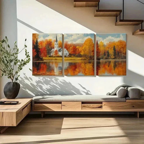 3pcs Autumn Church Landscape & Lake Reflection Wall Art Set Canvas Unframed - High Quality Print 100% Australian Made Wall Canvas - Bella Home Decor