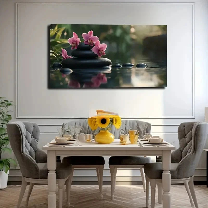 Stacked Stones & Pink Orchids Wall Art Canvas Office Home Room Framed 120x60cm