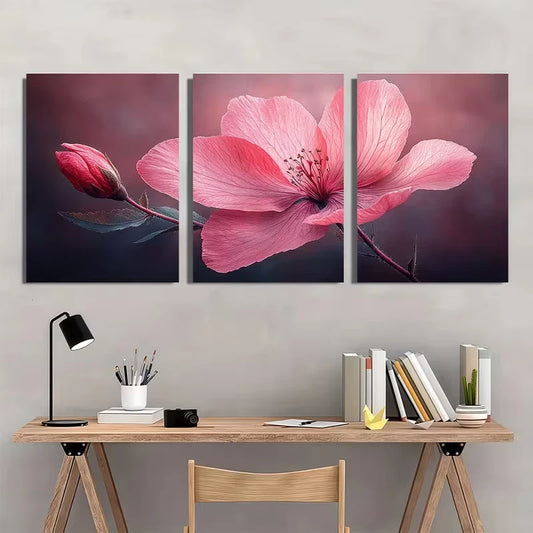 3pcs Pink Godetia Flower Metal Print Ready to Hang Art