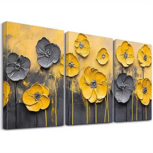 3pcs Abstract Modern Decorative Yellow Flowers Art Set Canvas Unframed - High Quality Print 100% Australian Made Wall Canvas