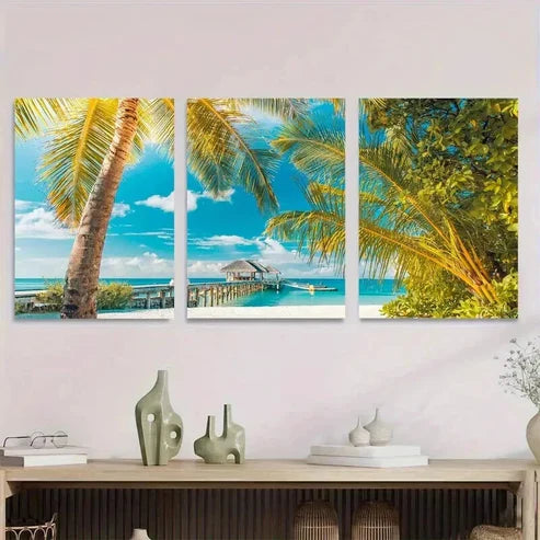 3pcs Beach Paradise Triptych Tropical Ocean Wall Art Set Canvas Unframed - High Quality Print 100% Australian Made Wall Canvas - Bella Home Decor