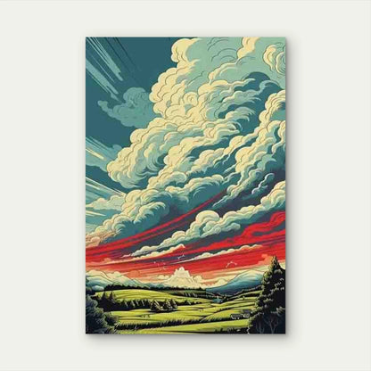 Dramatic Sky with White Clouds & Red Sunset Metal Print Ready to Hang