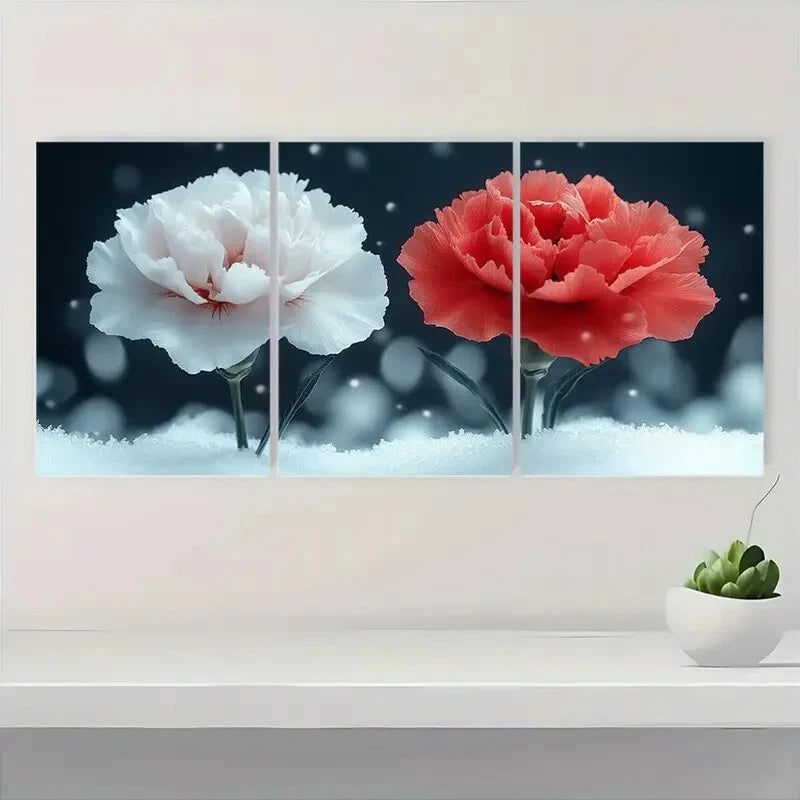 3pcs Snowy Carnation Red & White Flowers Metal Print Ready to Hang Art - Bella Home Decor