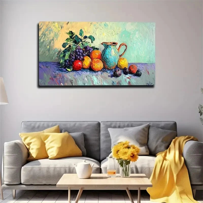 Fruit & Bottle Abstract Vibrant Wall Art Canvas Office Home Room Framed 120x60cm
