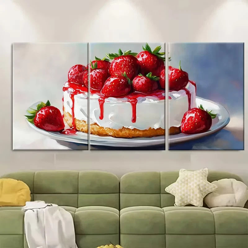3pcs Strawberry Cake Cheesecake Impasto Metal Print Ready to Hang Art