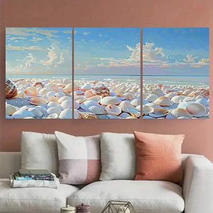 3pcs Vibrant Scenic Beach with Sea Shells Metal Print Ready to Hang Art