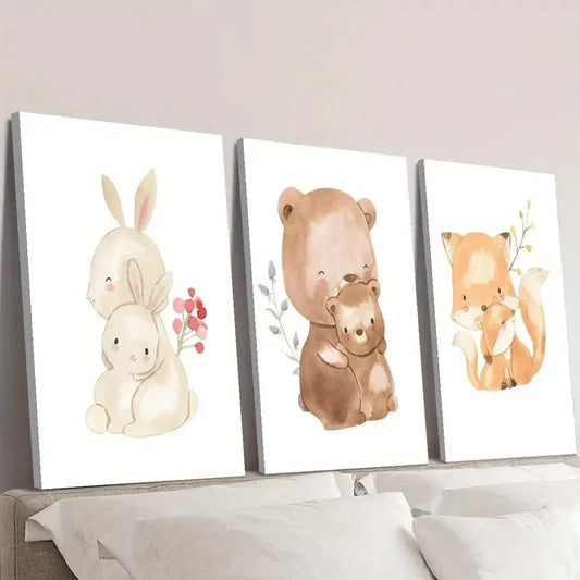 3pcs artoon Bunny & Bear Family, Cute Animal Wall Art Set Canvas Framed 40x60cm - High Quality Print 100% Australian Made Wall Canvas Ready to Hang