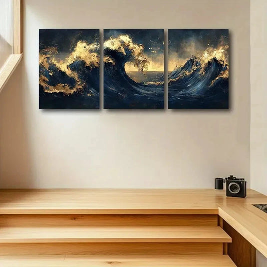 3pcs Majestic Sea Wave, Dark Blue & Golden Hues Metal Print Ready to Hang Art