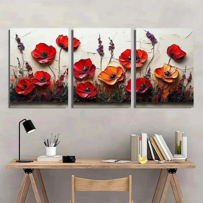 3pcs Red Poppies Light White Flower Perfect Wall Art Set Canvas Framed 50x70cm - High Quality Print 100% Australian Made Wall Canvas Ready to Hang - Bella Home Decor