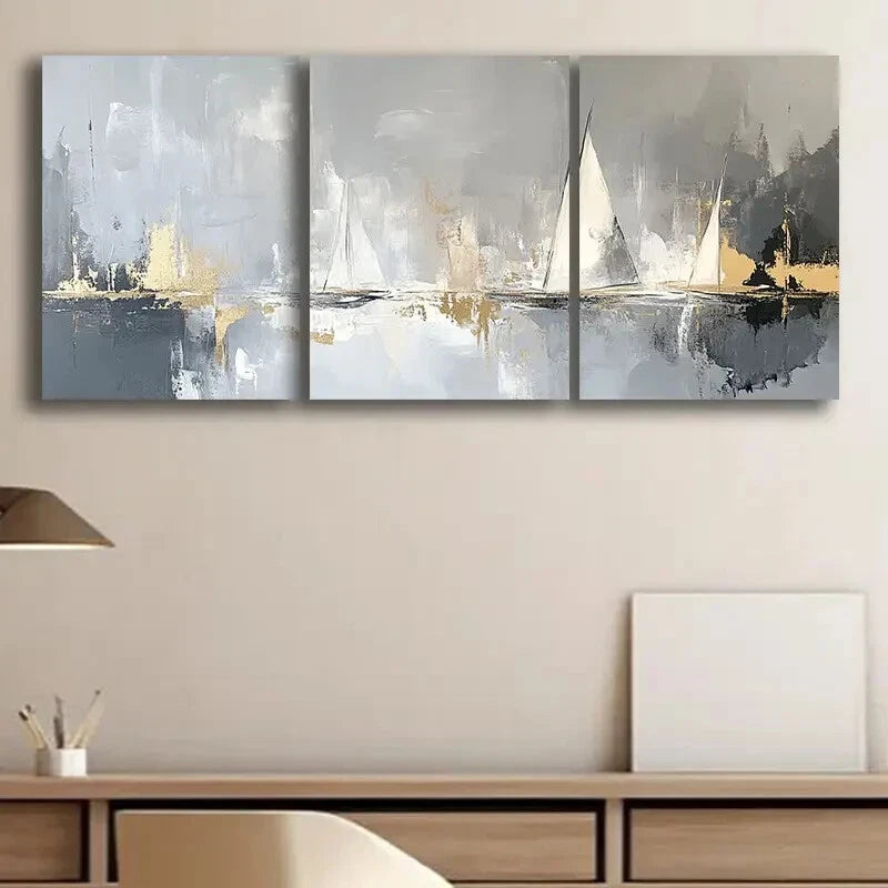 3pcs Sailboats On The Water Abstract Wall Art Set Canvas Framed 50x70cm - High Quality Print 100% Australian Made Wall Canvas Ready to Hang - Bella Home Decor