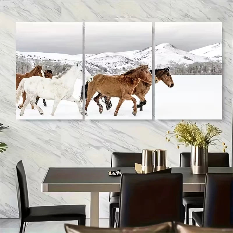 3pcs Snowy Landscape with Majestic Horses Metal Print Ready to Hang Art