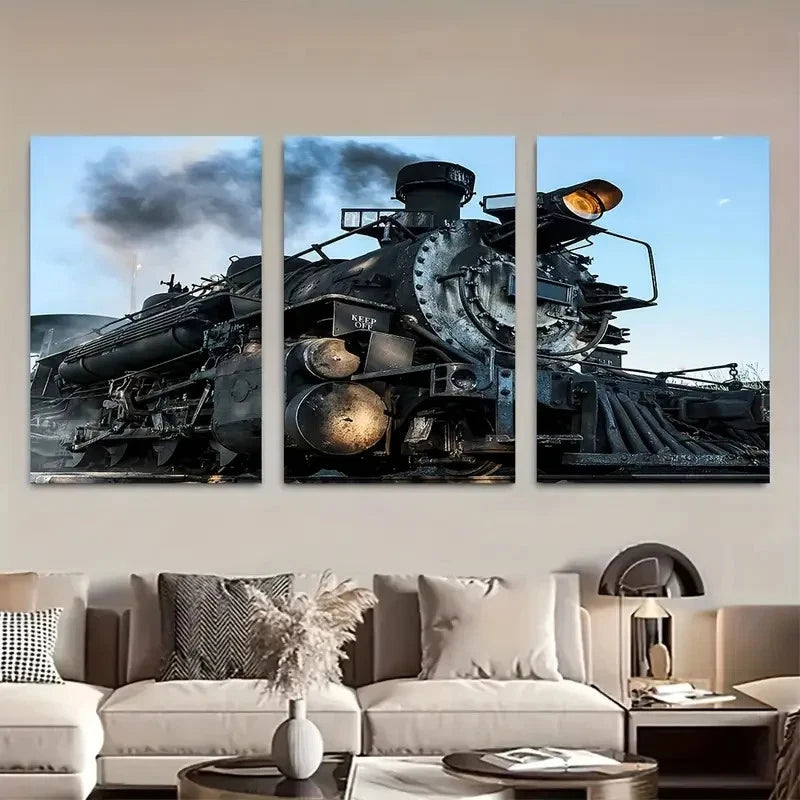 3pcs Vintage Steam Locomotive Train Metal Print Ready to Hang Art