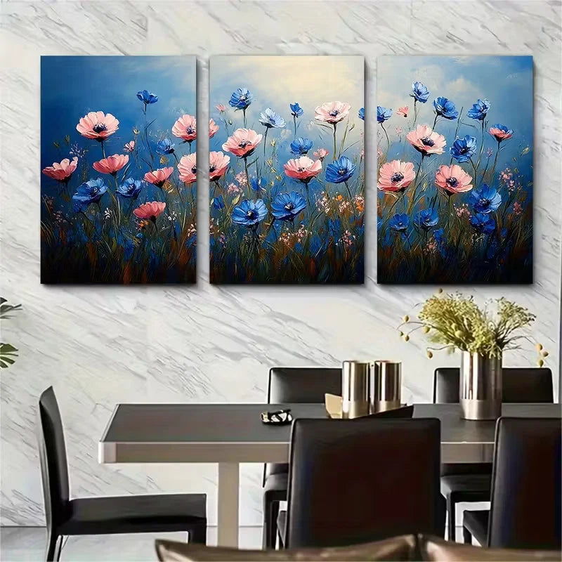3pcs Serene Blue and Pink Wildflower Meadow Oceans Metal Print Ready to Hang Art