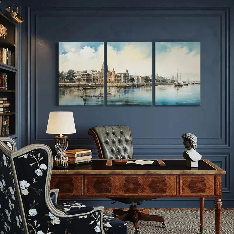 3pcs Historic Architecture Serene Waterfront Metal Print Ready to Hang Art - Bella Home Decor