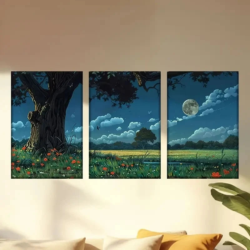 3pcs Enchanted Moonlit Flower Meadow Scene Wall Art Set Canvas Framed 50x70cm - High Quality Print 100% Australian Made Wall Canvas Ready to Hang