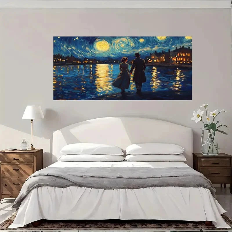 Romantic Night Walk By River Wall Art Canvas Office Home Room Framed 120x60cm