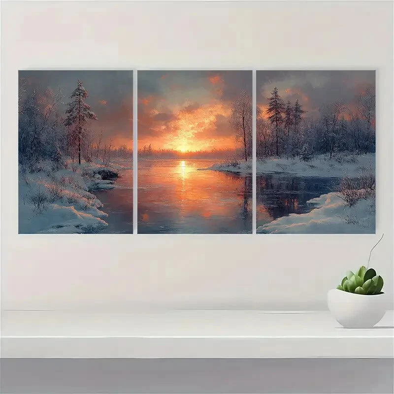 3pcs Frozen Lake Sunset Landscape Painting Metal Print Ready to Hang Art - Bella Home Decor