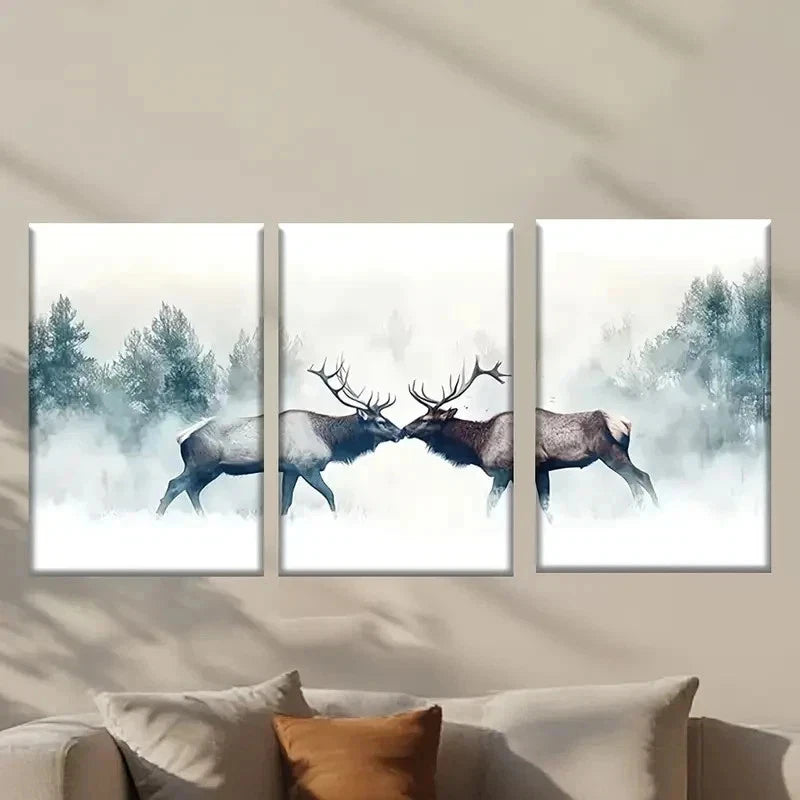 3pcs Two Majestic Elk in Snowy Forest Scene Wall Art Set Canvas Framed 50x70cm - High Quality Print 100% Australian Made Wall Canvas Ready to Hang