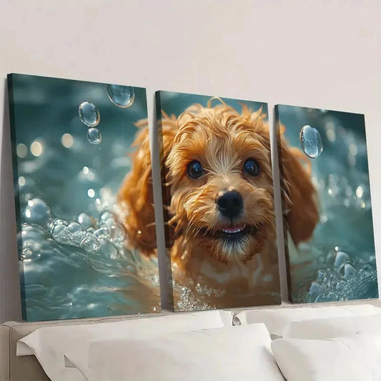 3pcs Whimsical Dog in Bubbles WB Wall Art Set Canvas Framed 60x90cm - High Quality Print 100% Australian Made Wall Canvas Ready to Hang