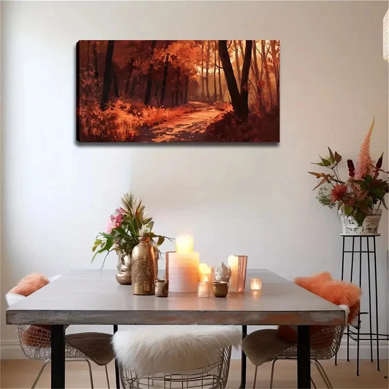 Tree Leaves In Warm Orange Wall Art Canvas Office Home Room Framed 120x60cm