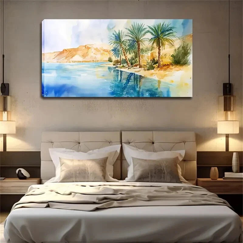 Serene Palm Trees Calm Water Wall Art Canvas Office Home Room Framed 120x60cm - Bella Home Decor