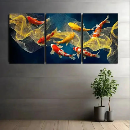 3pcs Golden and Red Koi Fish in Dark Water Metal Print Ready to Hang Art - Bella Home Decor