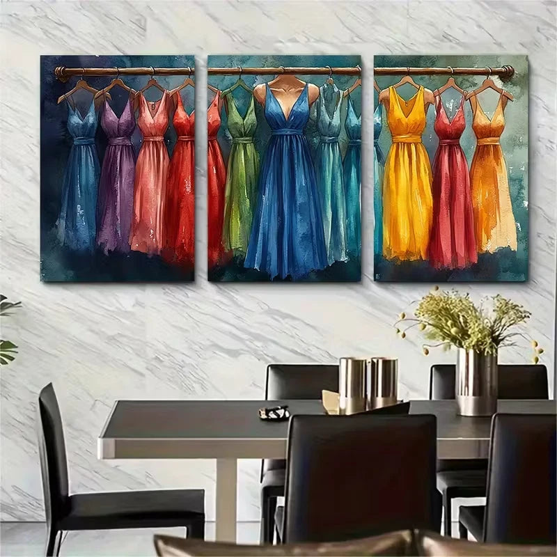 3pcs Fashion Clothes Rail Watercolour Metal Print Ready to Hang Art