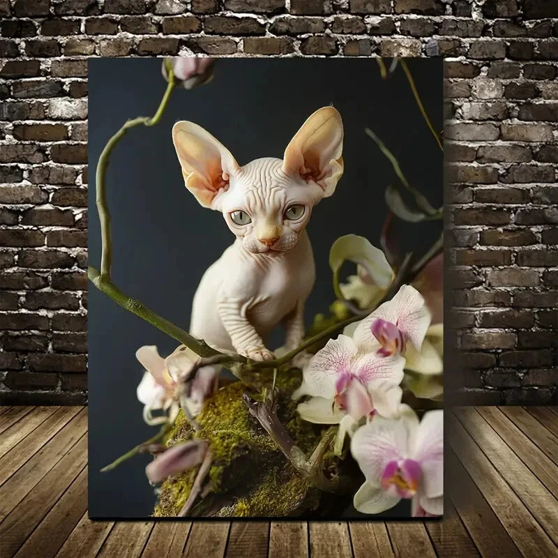 Cute Sphynx Kitten with Pink Orchids Painting 40x60cm Metal Print Ready to Hang - Bella Home Decor