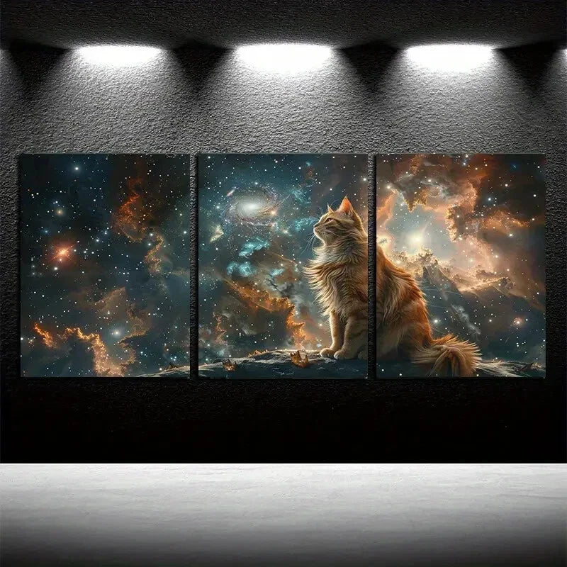 3pcs Whimsical Cat Space Themed Design Metal Print Ready to Hang Art - Bella Home Decor