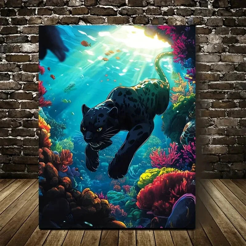 Panther Wrestling in Coral Reef Underwater Painting 40x60cm Metal Print Ready to Hang - Bella Home Decor