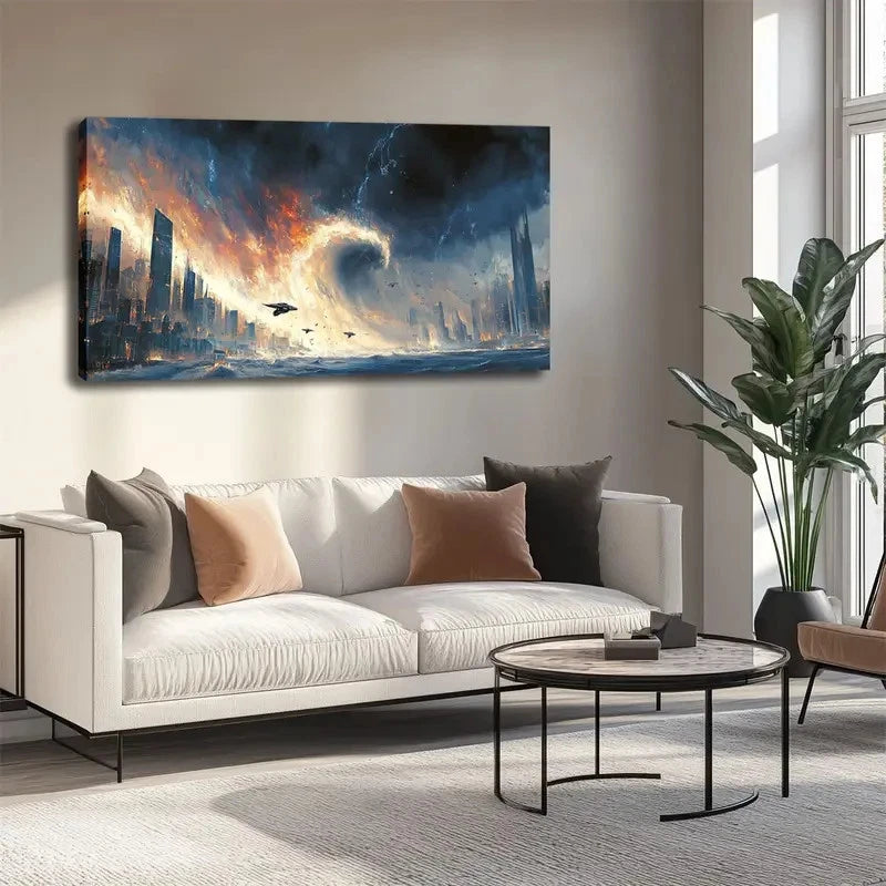 Urban Disaster & Aircraft Scene Wall Art Canvas Office Home Room Framed 120x60cm