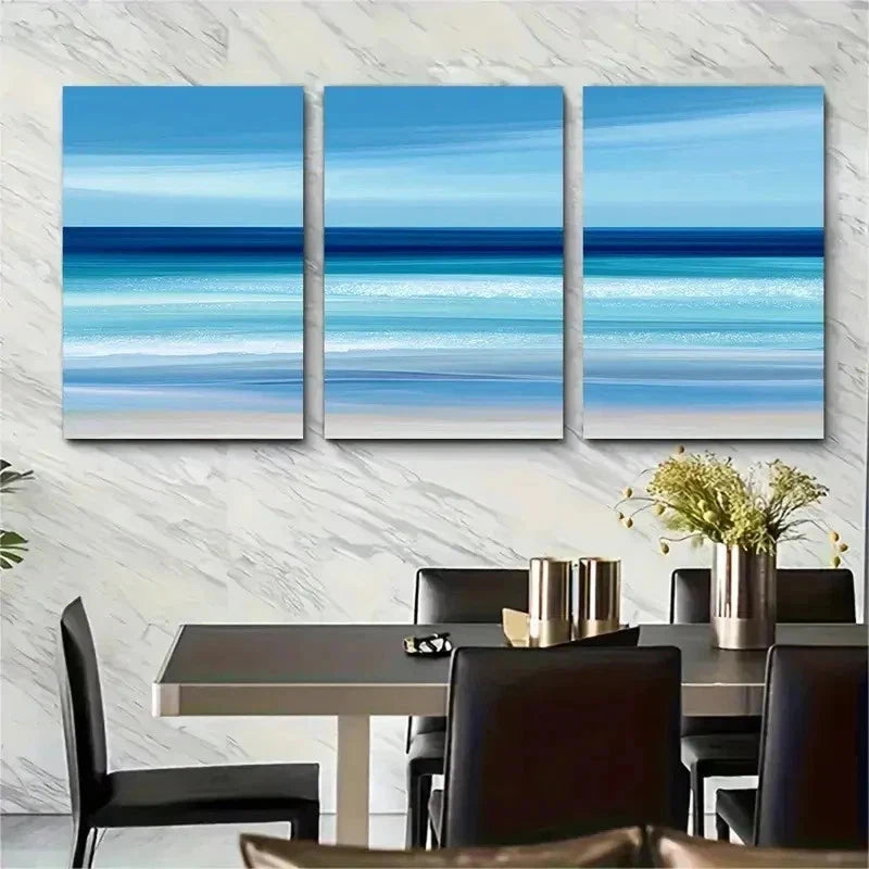 3pcs Minimalist Blue Ocean Waves & Sandy Perfect Wall Art Set Canvas Framed 50x70cm - High Quality Print 100% Australian Made Wall Canvas Ready to Hang