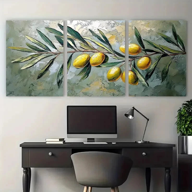 3pcs Olive Branch Greenery Rustic Botanical Metal Print Ready to Hang Art - Bella Home Decor