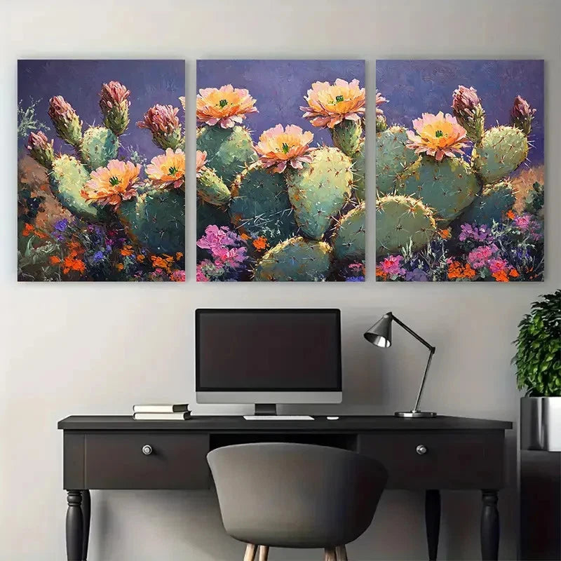 3pcs Blooming Cactus Colorful Impasto Design Metal Print Ready to Hang Art - Bella Home Decor