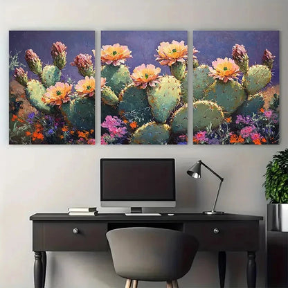 3pcs Blooming Cactus Colorful Impasto Design Metal Print Ready to Hang Art - Bella Home Decor