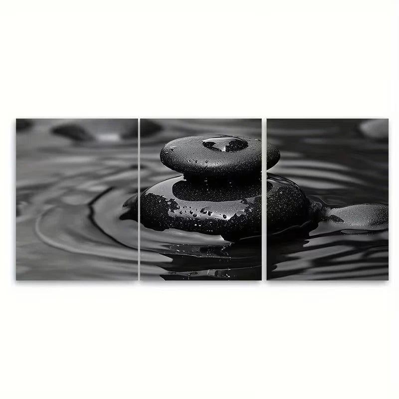 3pcs Serene Black Zen Stones Water Droplet Metal Print Ready to Hang Art - Bella Home Decor